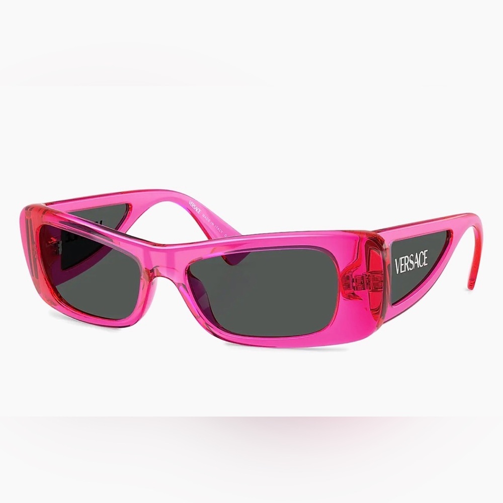NWT Versace Lens Logo Pillow Sunglasses. Fucsia grey color. Made in Italy. Case